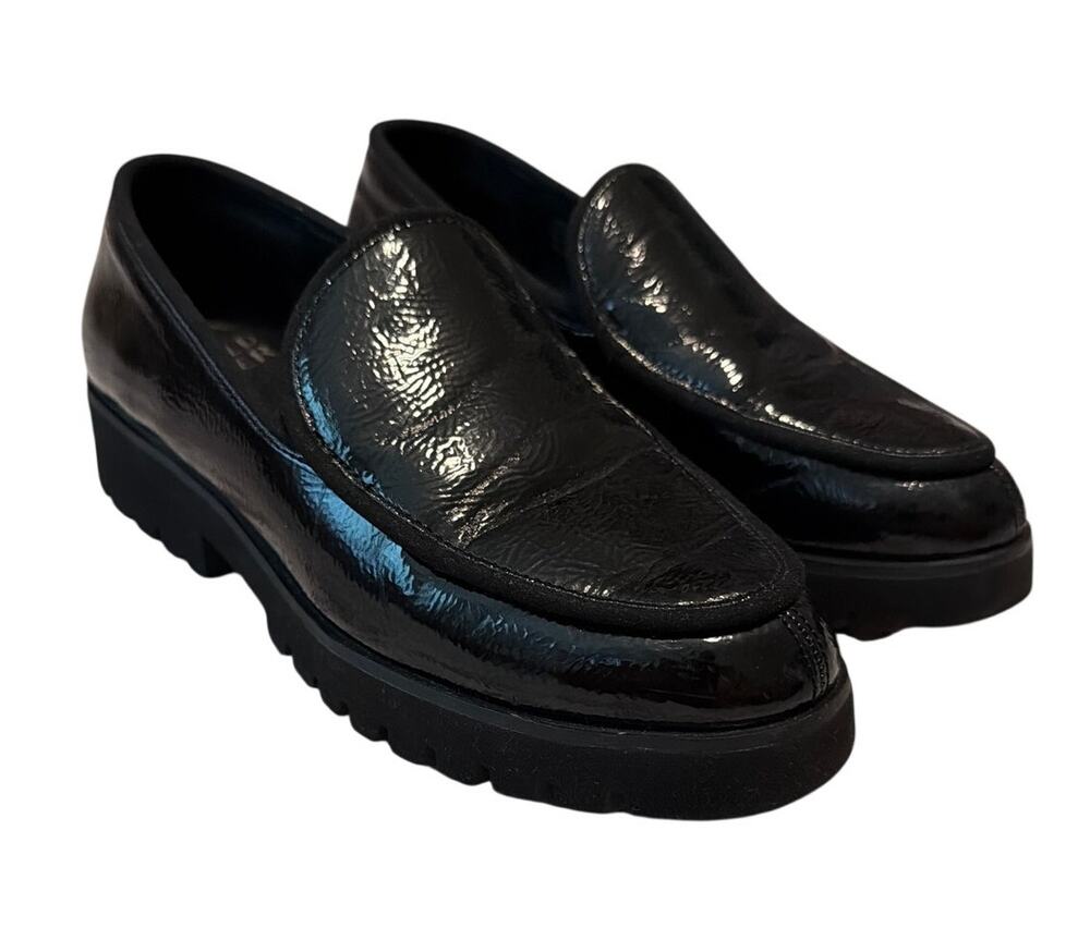 Donald Pliner Eclipse Black Crinkle Patent Platform Loafers 7